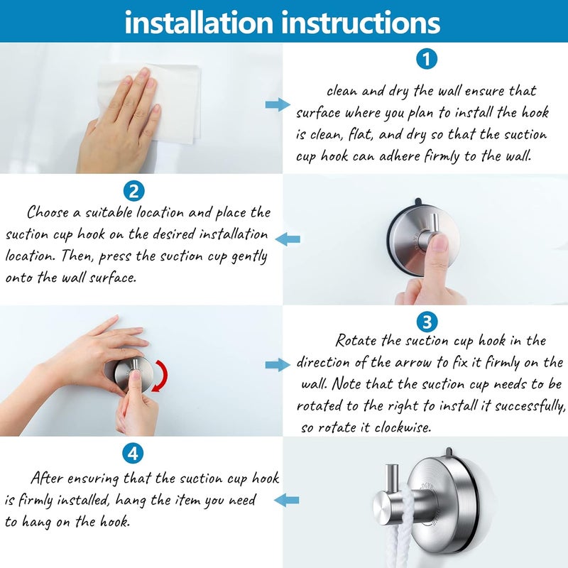 DGYB Suction Cup Hooks for Shower Set of 2 Brushed Nickel Towel Hooks for Bathrooms SUS 304 Stainless Steel Shower Hook for Loofah 15 Lb Bathroom Hook for Towels - Image 5